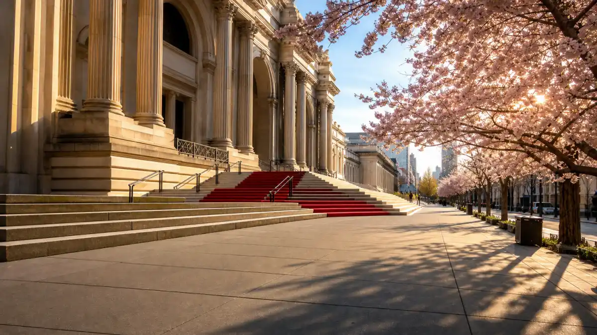 Why is the Met Gala always the first Monday in May — Metropolitan Museum steps with red carpet and spring cherry blossoms on the iconic Fifth Avenue facade