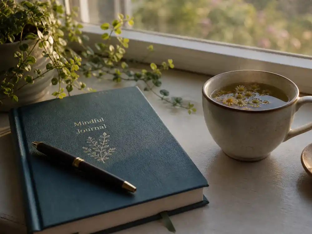 Journal and tea on a windowsill symbolizing Wil Wheaton open mental health advocacy