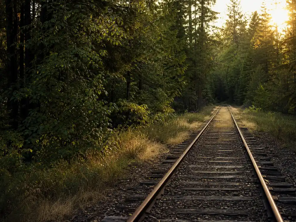 Oregon railroad tracks at golden hour evoking Wil Wheaton Stand By Me child-actor breakthrough
