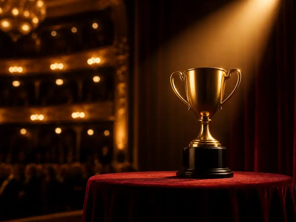 Golden awards trophy on stage symbolizing the Best Actor win central to Will Smith Chris Rock Oscars slap explained coverage