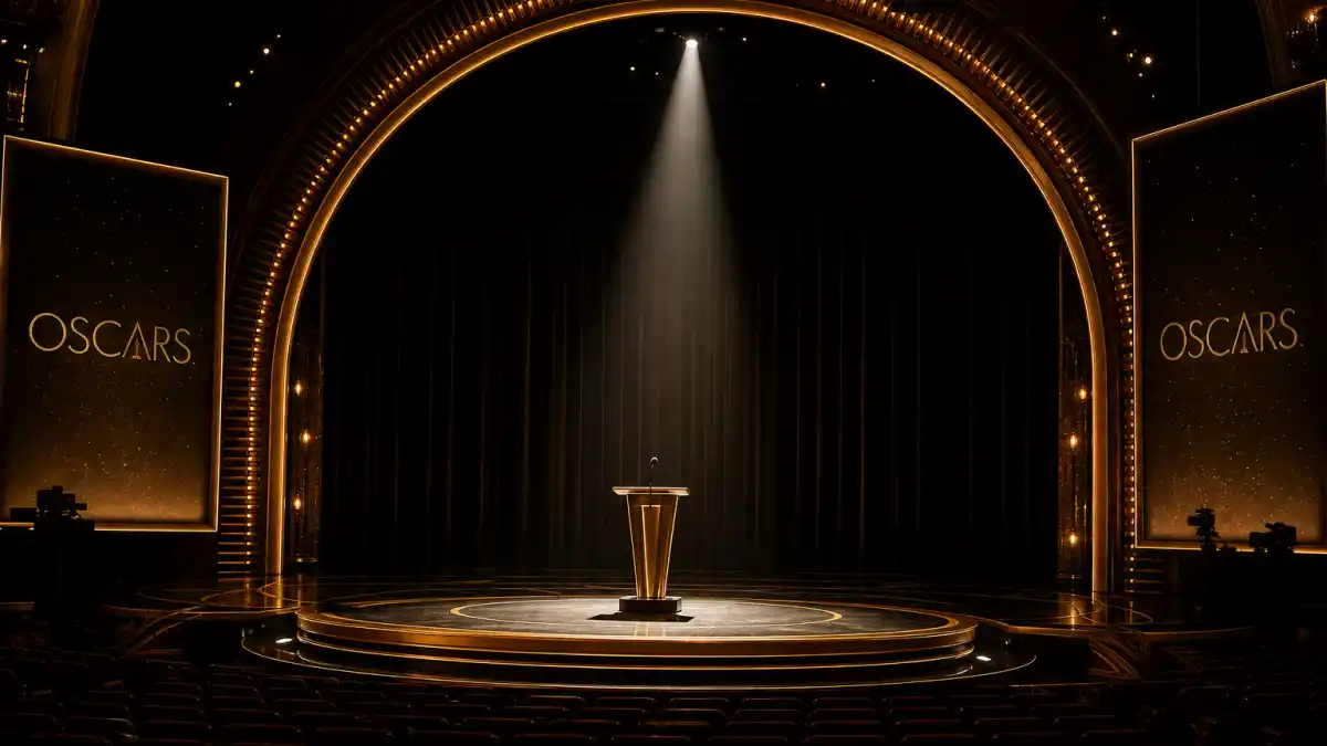 Will Smith Chris Rock Oscars slap explained — dramatic empty awards stage with podium and spotlight at the 94th Academy Awards