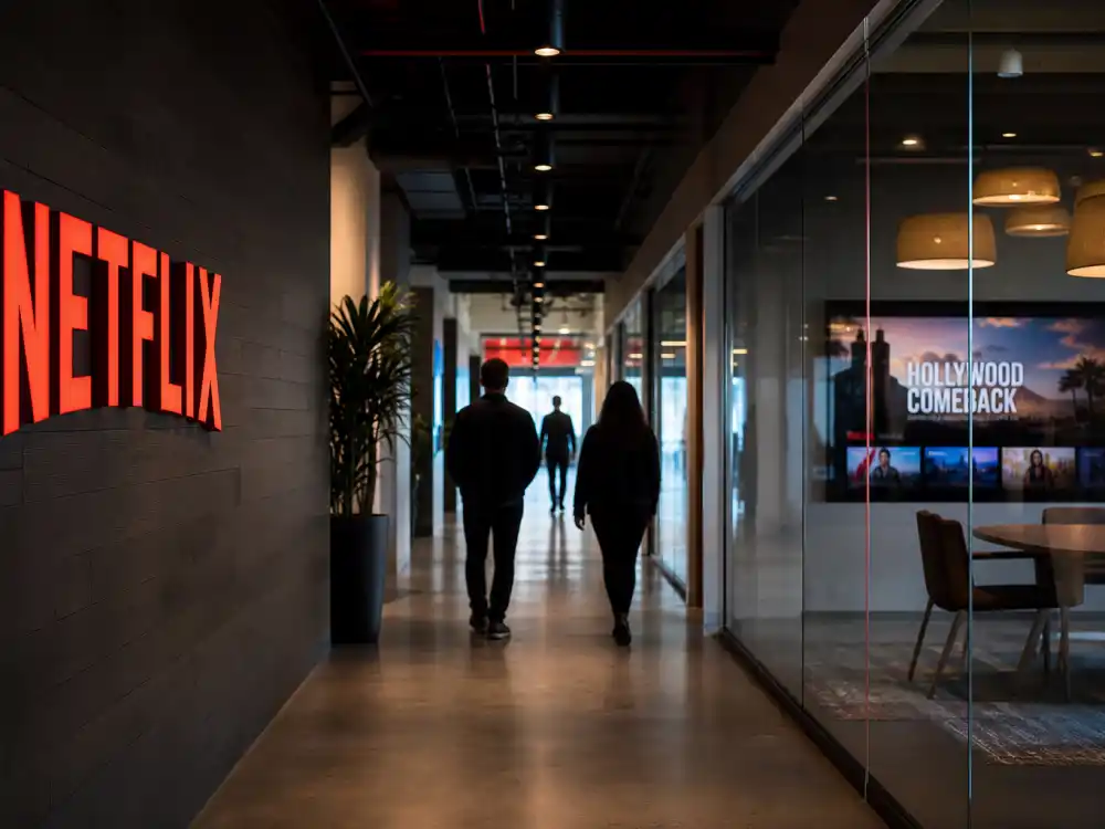 A modern streaming studio corridor representing William Zabka Hollywood comeback through Netflix Cobra Kai