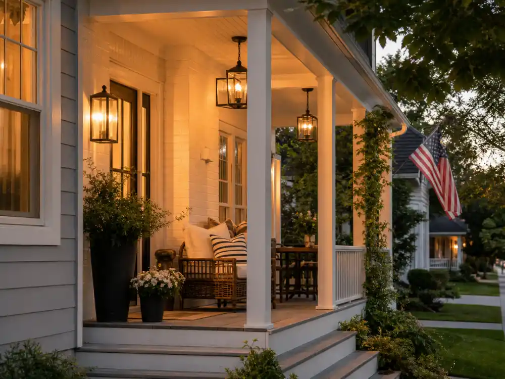 A cozy Nashville suburban home porch at dusk for William Zabka private family life away from Los Angeles