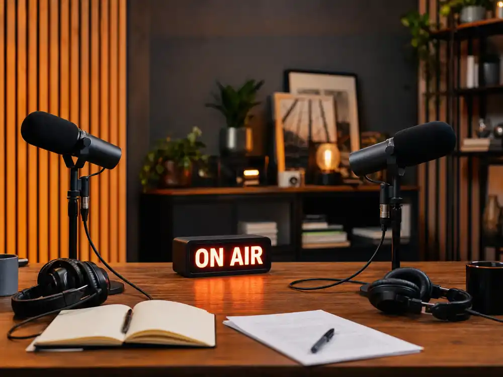 A podcast recording studio with dual microphones for William Zabka American Legends show with Ralph Macchio