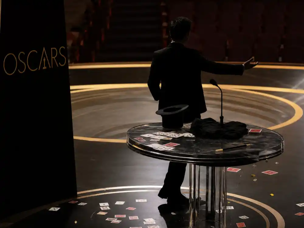 Oscar stage magic props scattered on podium show Neil Patrick Harris 2015 hosting missteps ranked among worst award show hosting moments