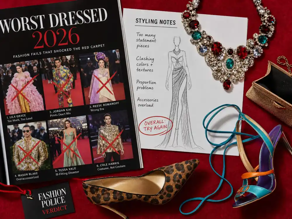 Flat lay of clashing red carpet accessories including oversized necklace and mismatched shoes defining worst dressed celebrities 2026 accessory overload mistakes