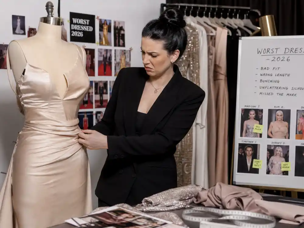 Stylist fitting room with ill-fitting gown on dress form showing bunched fabric and wrong hem length in worst dressed celebrities 2026 tailoring critique