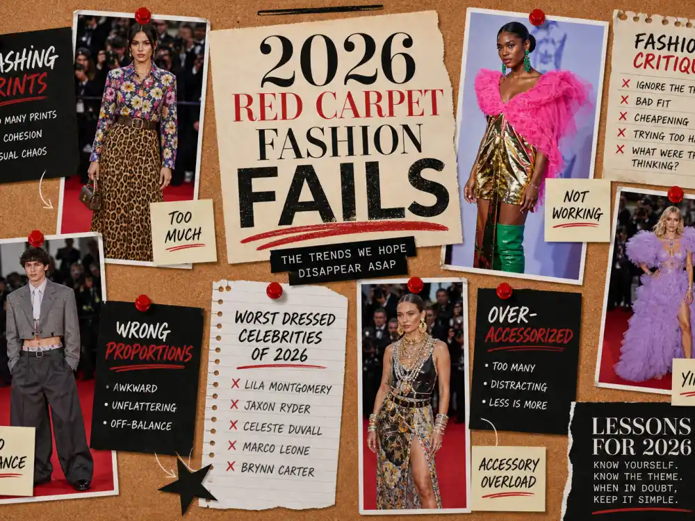 Fashion critique mood board with 2026 red carpet fail trends including clashing prints and wrong proportions for worst dressed celebrities 2026 analysis