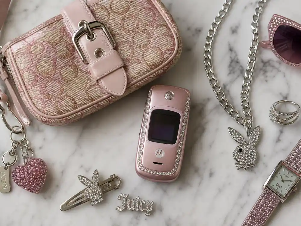 Tiny early-2000s mini handbag with flip phone and rhinestone accessories flat lay from the Y2K celebrity fashion trend It-bag era