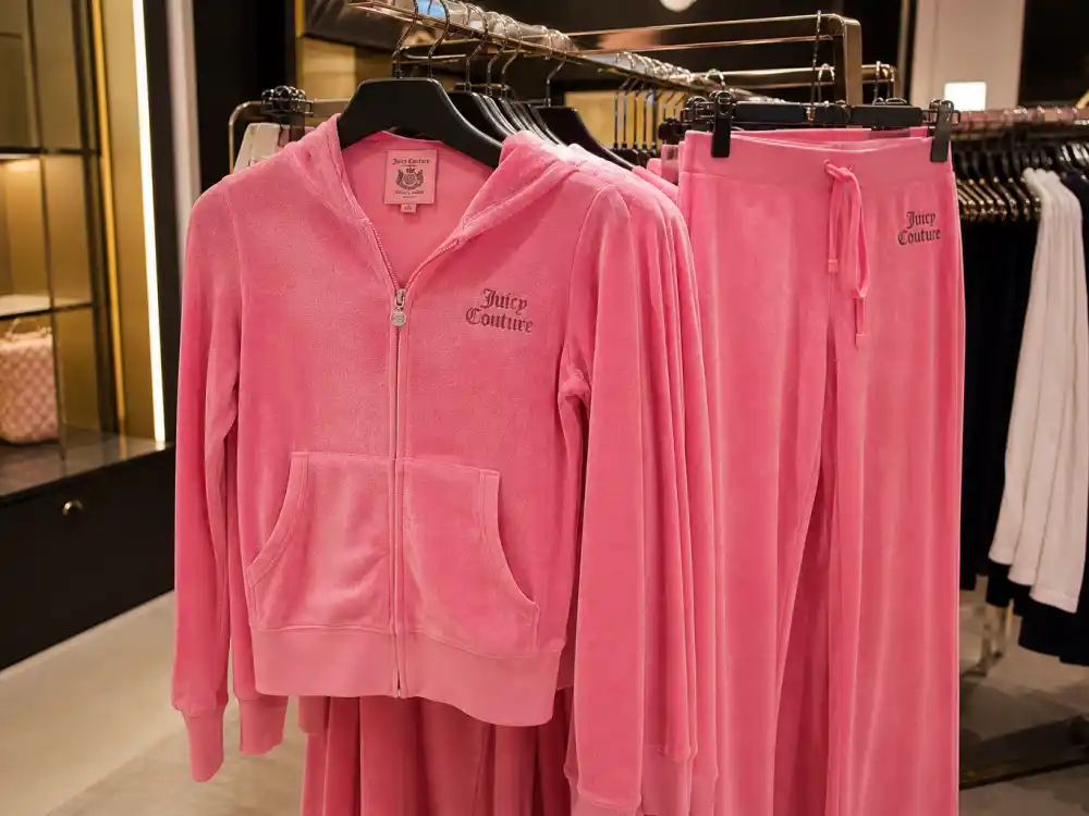 Pink velour tracksuit on boutique rack illustrating Juicy Couture-era Y2K celebrity fashion trend loungewear glamour