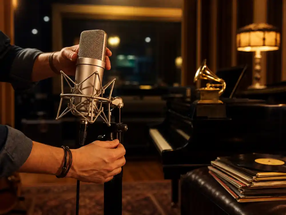 Nashville recording studio with Grammy gramophone trophy for youngest award winners in entertainment history — LeAnn Rimes at fourteen and Leah Peasall at seven