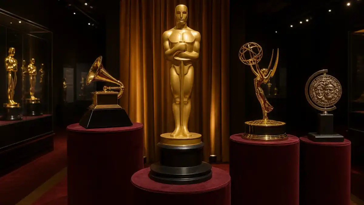 Youngest award winners in entertainment history — museum display of Oscar Grammy Emmy and Tony trophies honoring all-time age records across film music TV and theatre