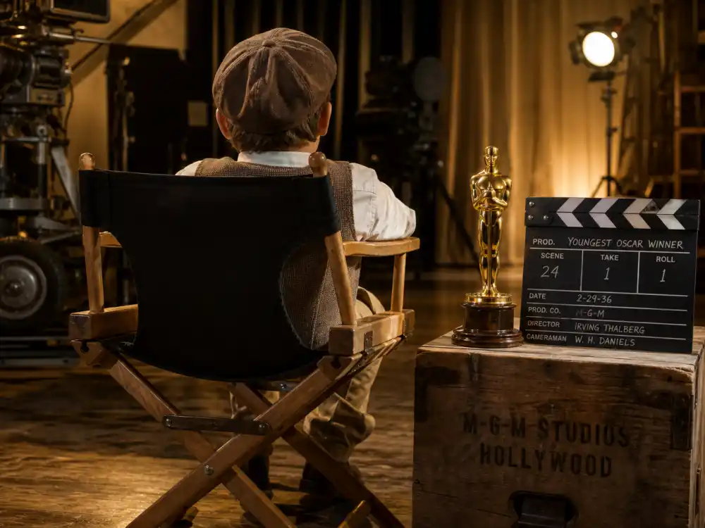 Vintage Hollywood film set with Oscar statuette evoking youngest award winners in entertainment history — Tatum O'Neal age-ten Academy record since 1974