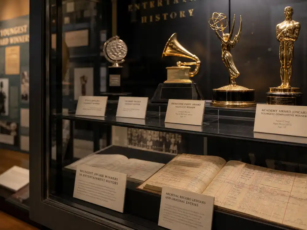 Awards archive hall with Oscar Grammy Emmy and Tony statuettes documenting youngest award winners in entertainment history across every major ceremony
