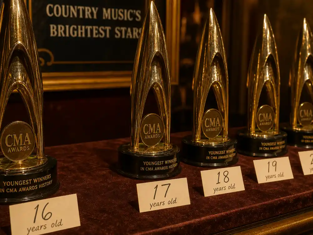 Golden country music award trophies with age placards illustrating youngest CMA Entertainer of the Year winners history on Nashville display case