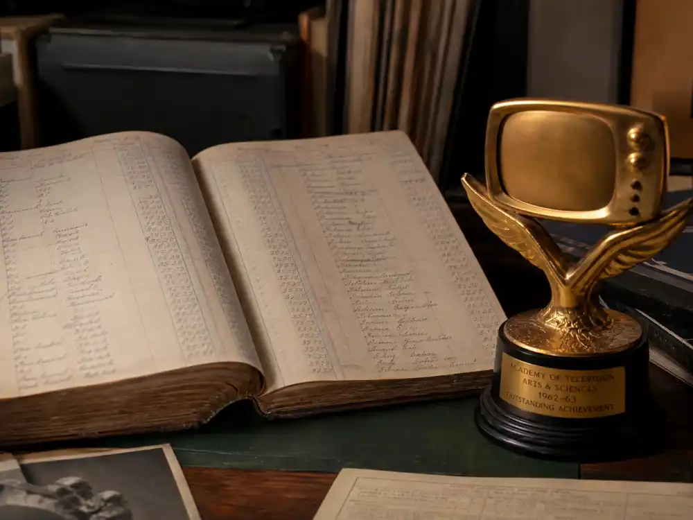 Archive ledger beside a golden TV trophy tallies youngest Emmy winners ever with verified Television Academy age milestones