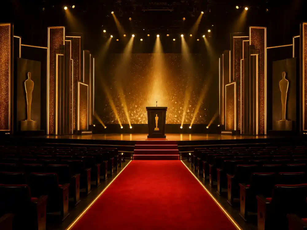 Empty television awards auditorium stage sets the scene for youngest Emmy winners ever acceptance speeches each September