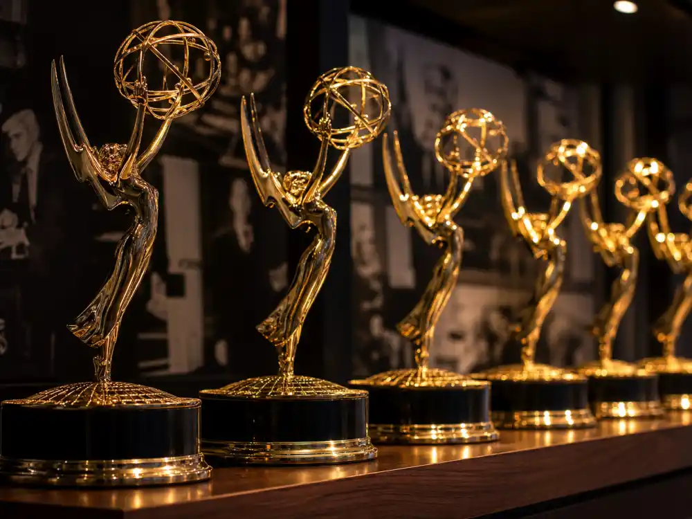 Generic golden Primetime television award statuette beside a sealed envelope evokes youngest Emmy winners ever ceremony moments