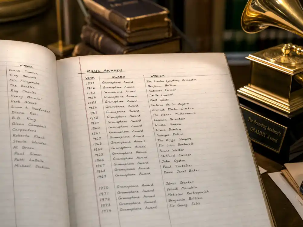 Archive ledger beside a golden music trophy tallies youngest Grammy winners of all time with verified Recording Academy age milestones