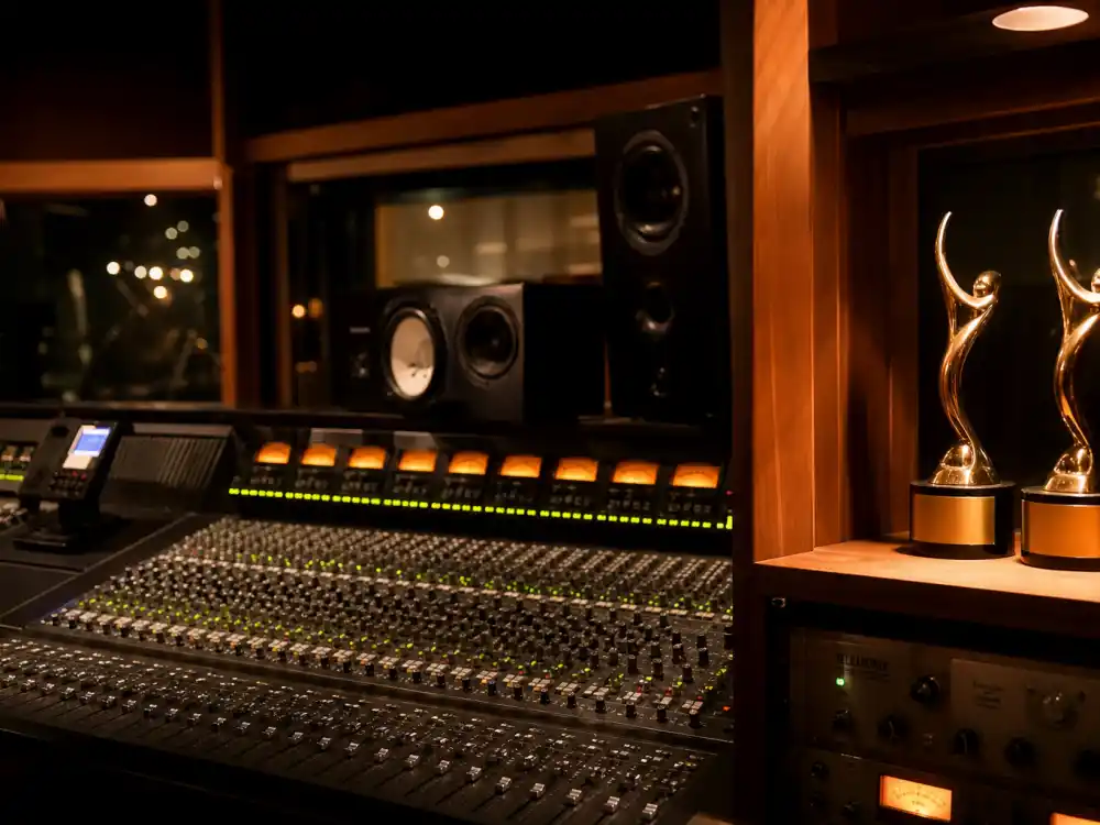 Recording studio shelf with golden trophies reflects how youngest Grammy winners of all time often start in control rooms before arena stages