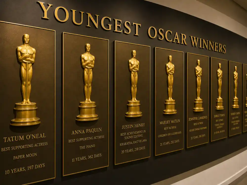 Academy Awards hall of fame display documenting youngest Oscar winners of all time across every competitive category