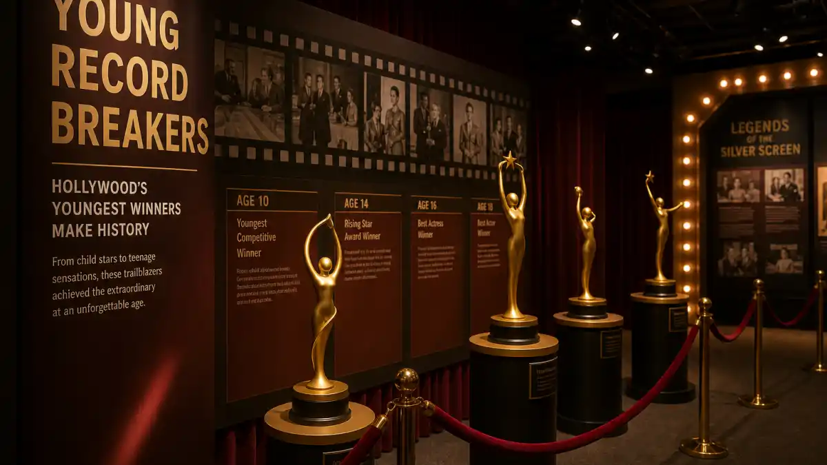 Youngest Oscar winners of all time — film awards museum exhibit with golden trophy silhouettes honoring Academy age records