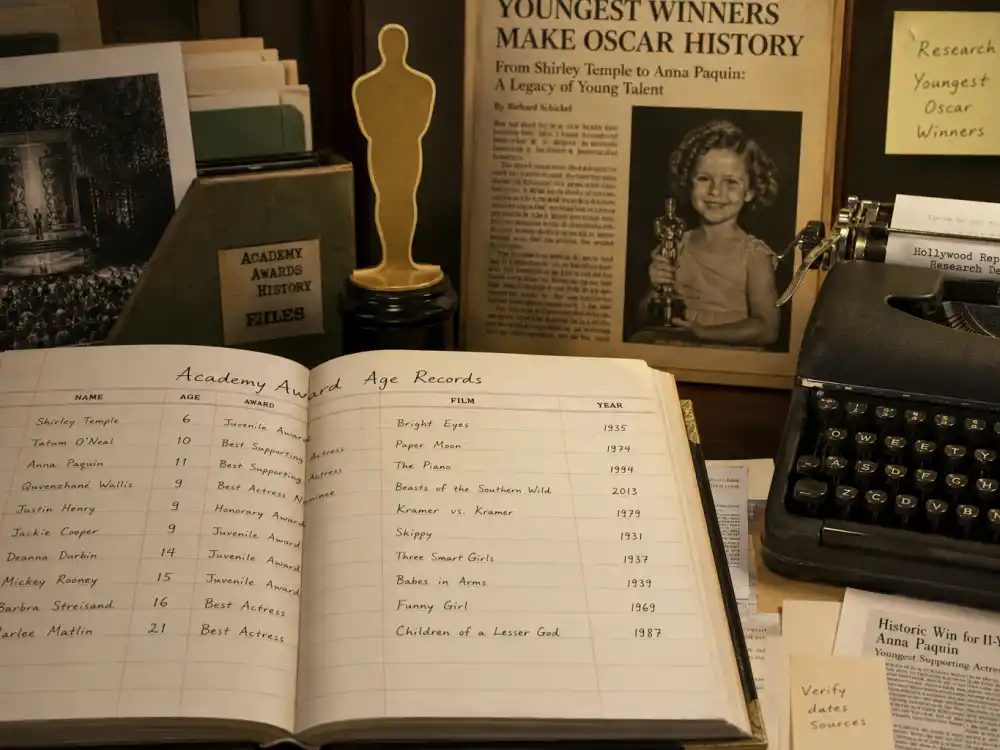 Film archive ledger documenting youngest Oscar winners of all time with official Academy age-record tallies