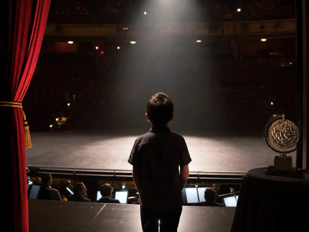 Anonymous young performer silhouette on Broadway stage spotlight for youngest Tony Award winners ever child actor milestones