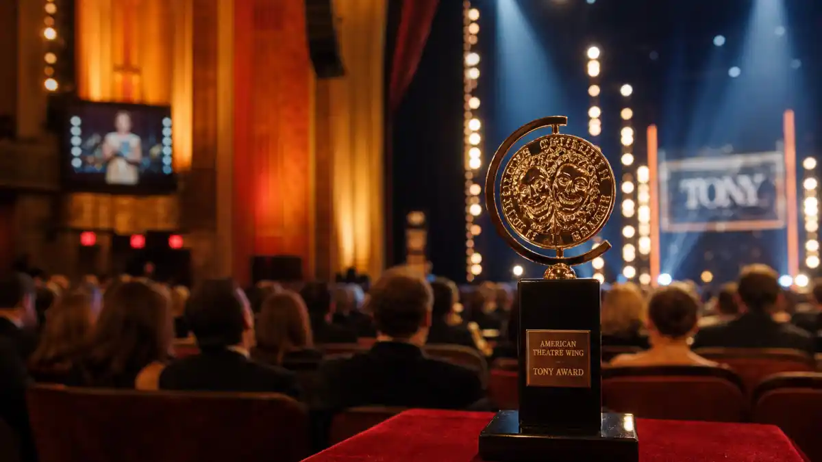Youngest Tony Award winners ever — golden Tony Award statuette on red velvet seat at a Broadway theatre ceremony with audience silhouettes