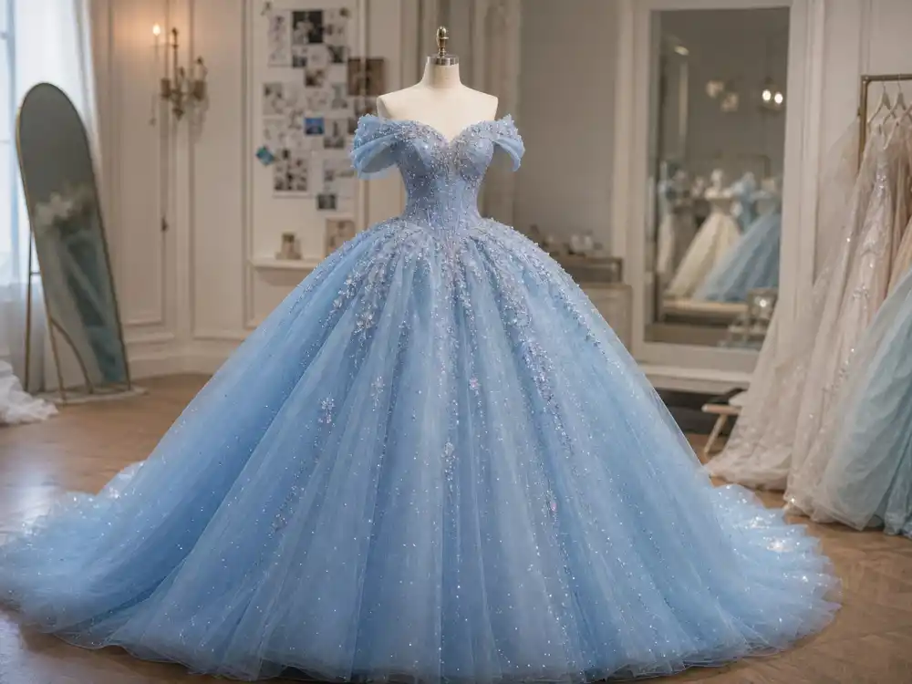 Powder-blue off-shoulder Cinderella ballgown silhouette defining Zendaya Cinderella Met Gala dress construction and tulle volume