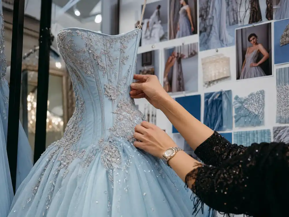 Stylist fitting room process shaping Zendaya Cinderella Met Gala dress narrative with corset adjustments and couture mood boards