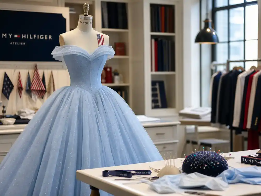 Tommy Hilfiger atelier craftsmanship behind the Zendaya Cinderella Met Gala dress powder-blue couture ballgown on dress form