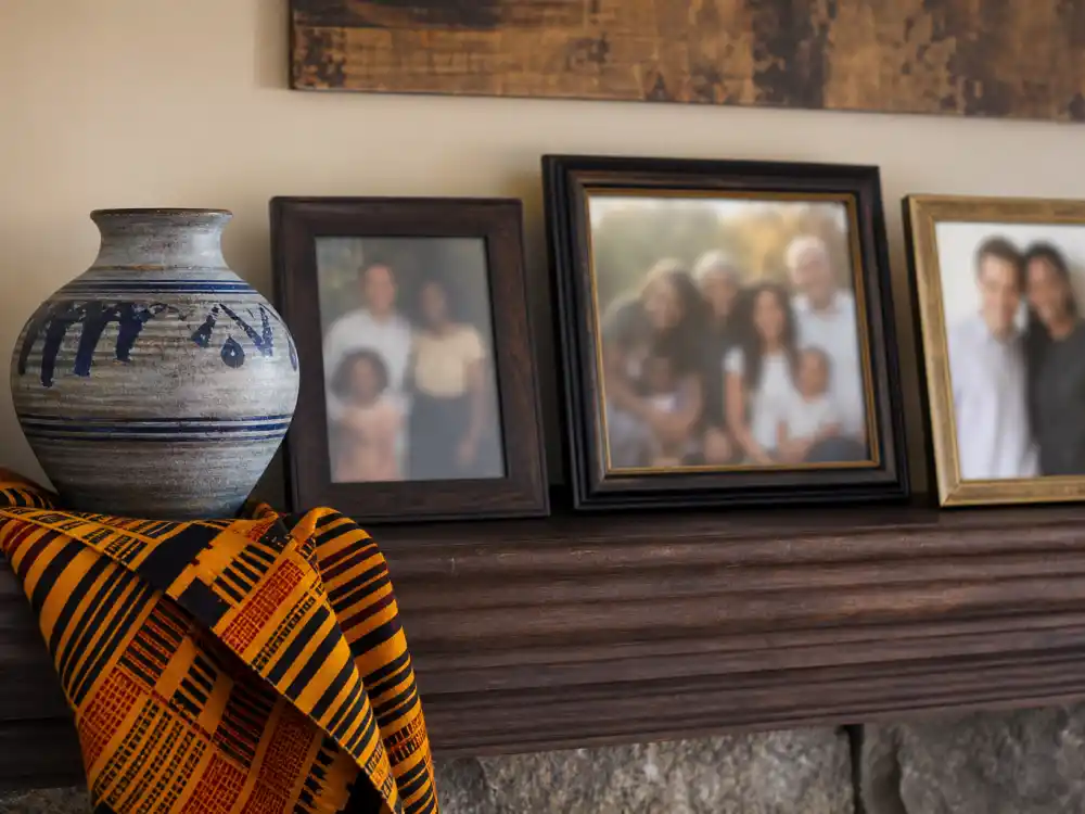 Blurred family portrait frames with German ceramic and African textile for Zendaya parents resemblance explained blended heritage Welcome.US PSA context