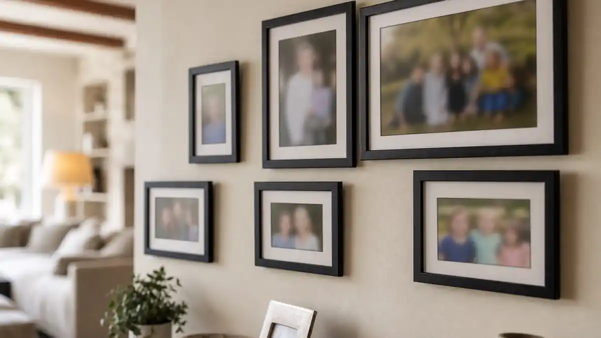 Zendaya parents resemblance explained — blurred family photo frames on living room wall without identifiable faces editorial