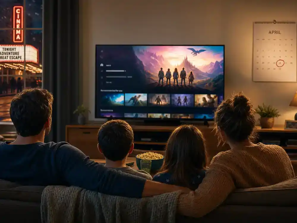 A Minecraft Movie cast and cameos guide release — family watching adventure film on living room TV from behind with April calendar and theater marquee outside