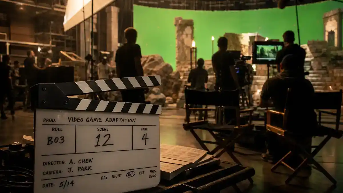 A Minecraft Movie cast and cameos guide — blockbuster video game adaptation film set with clapperboard, director chairs, and crew on soundstage