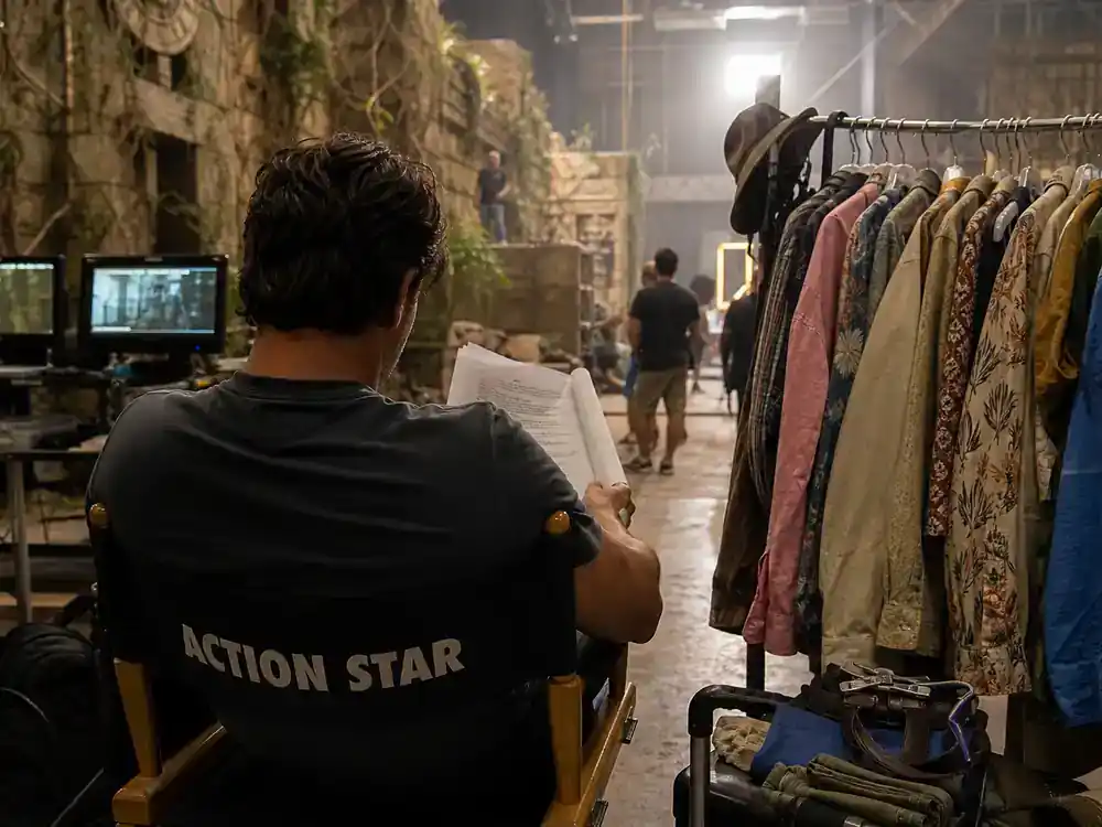 A Minecraft Movie cast and cameos guide Garrett Garrison — action lead actor silhouette reviewing script on director chair at adventure comedy set, no face visible