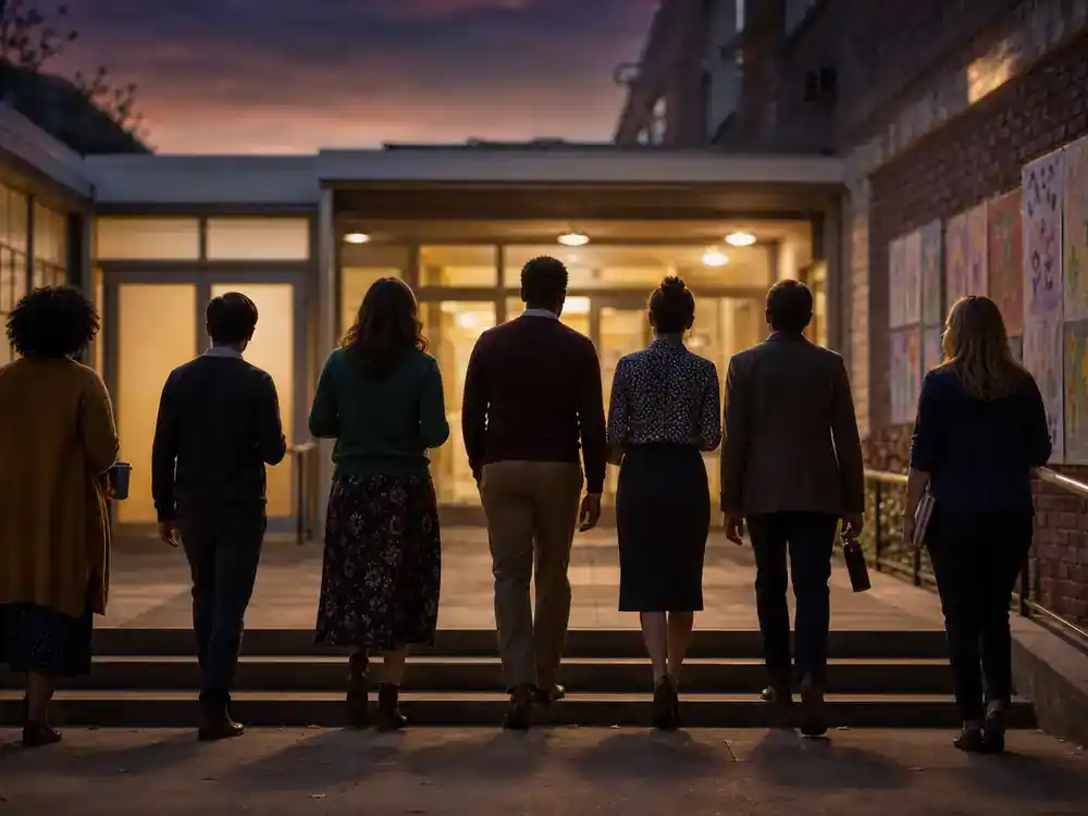 Abbott Elementary season 5 cast guide ensemble — TV comedy teacher cast silhouettes from behind walking school hallway at dusk premiere night