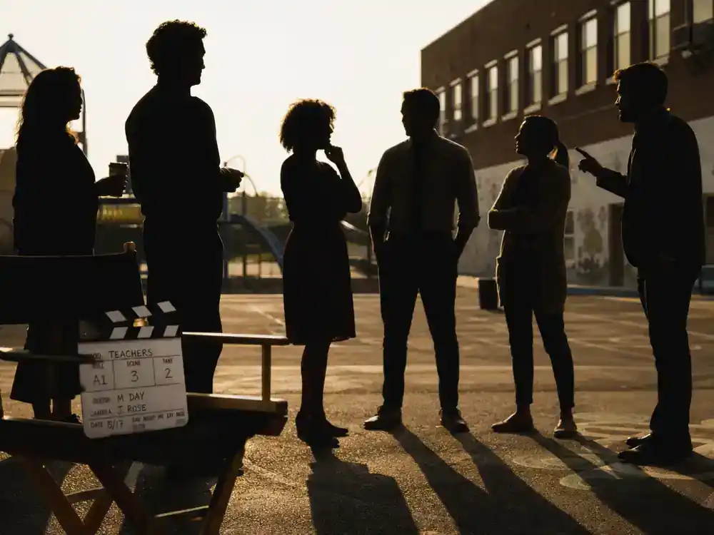 Abbott Elementary season 5 cast guide ensemble — teacher cast silhouettes on elementary school playground film location with director chair