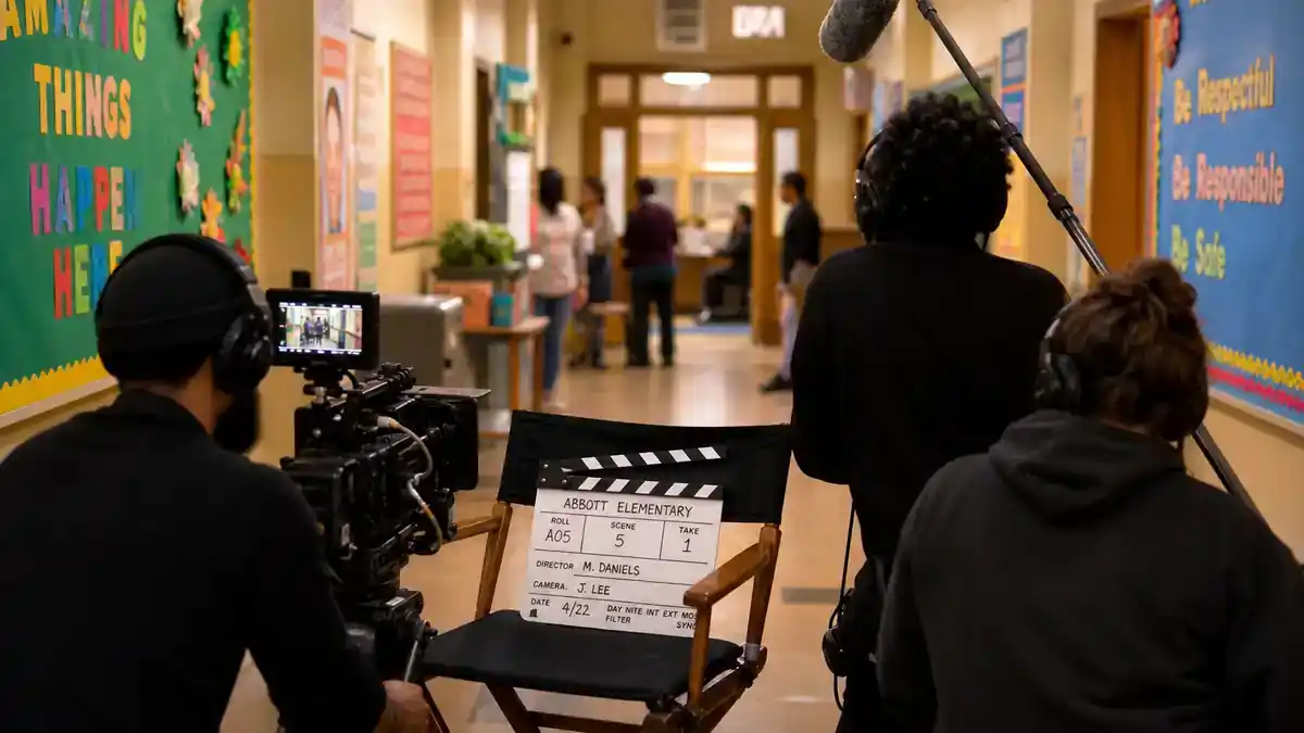 Abbott Elementary season 5 cast guide — mockumentary TV comedy elementary school hallway filming with clapperboard crew and teacher silhouettes from behind