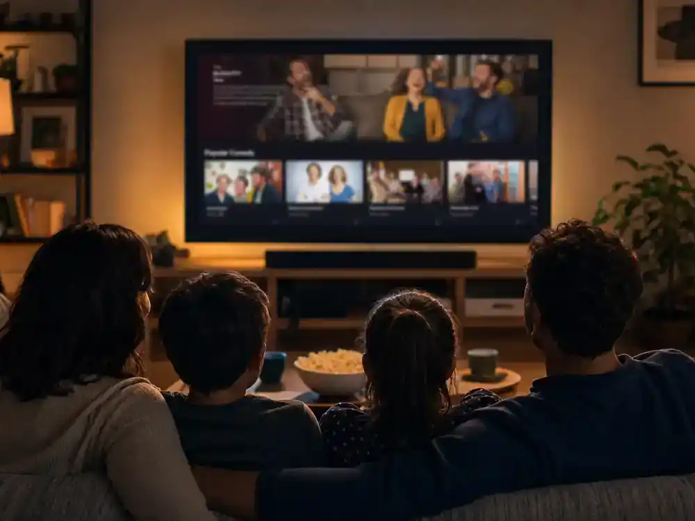 Abbott Elementary season 5 cast guide streaming — family silhouettes watching TV comedy on living room flat screen with generic blurred interface