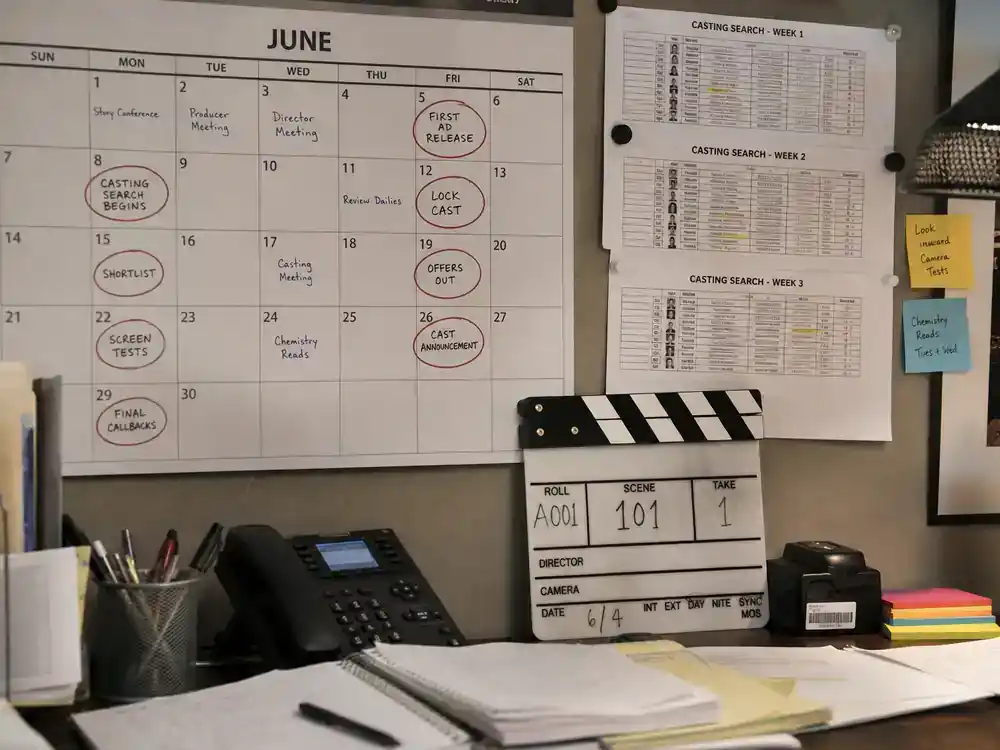 actors who played multiple Marvel characters casting timeline — production office calendar with circled release dates and film schedule printouts beside clapperboard