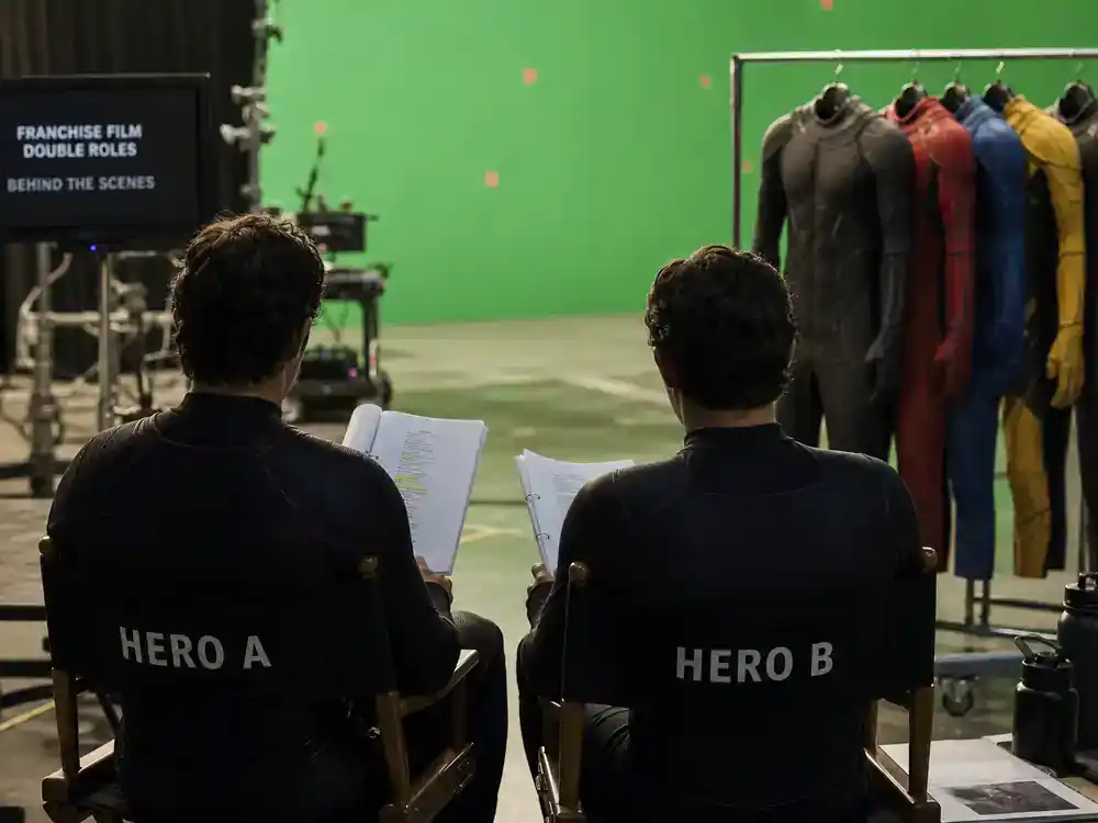 actors who played multiple Marvel characters double roles — two performer silhouettes from behind on green-screen film set reviewing scripts on director chairs