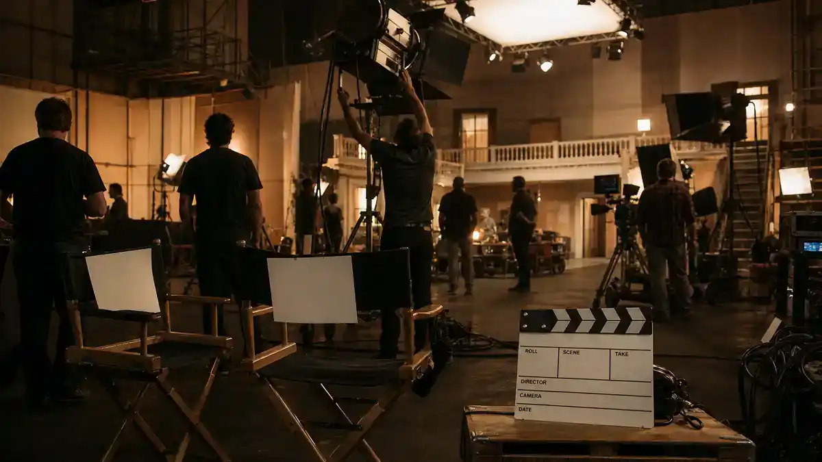 actors who played multiple Marvel characters — blockbuster film crew on soundstage with clapperboard and director chairs, editorial cast guide production reference
