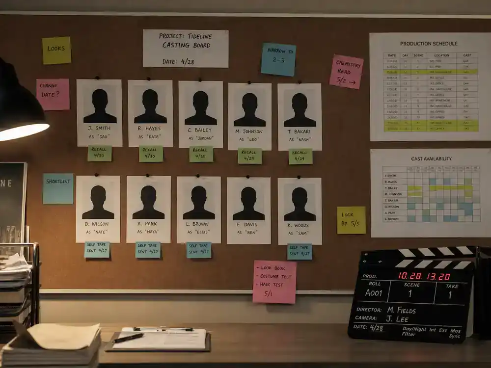 actors who played multiple Marvel characters MCU recasting — casting office corkboard with schedule printouts and clapperboard on desk