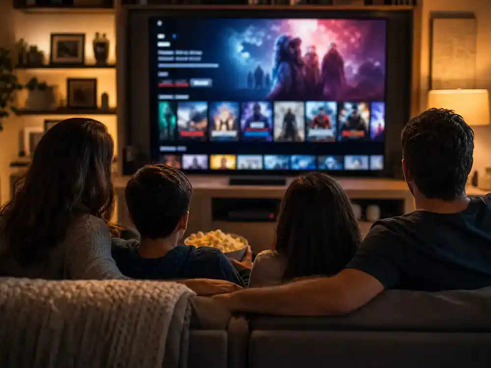 actors who played multiple Marvel characters multiverse marathon — family silhouettes watching action blockbuster on living room TV with generic blurred streaming interface