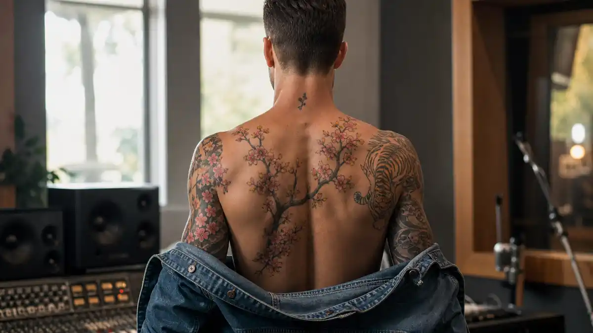Adam Levine tattoo collection guide — Maroon 5 singer from behind in recording studio showing cherry blossom arm sleeves and tiger shoulder ink