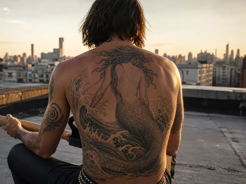 Adam Levine tattoos and their meanings back tattoo — mermaid mural with crashing waves and ship ink on rooftop