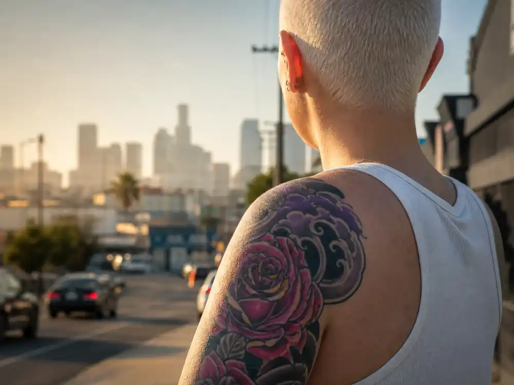 Amber Rose tattoos and their meanings — rose and purple wave shoulder sleeve tattoo visible from behind on LA street