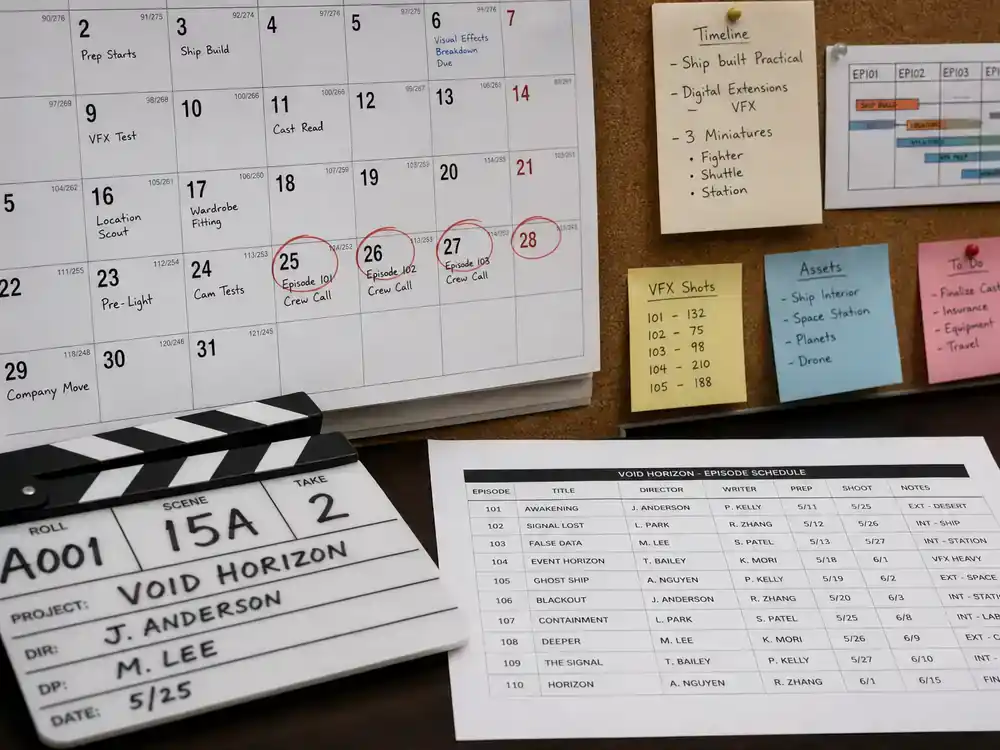 Andor season 2 cast and Star Wars timeline guide BBY timeline — production desk with sci-fi timeline chart printout, clapperboard, and episode schedule
